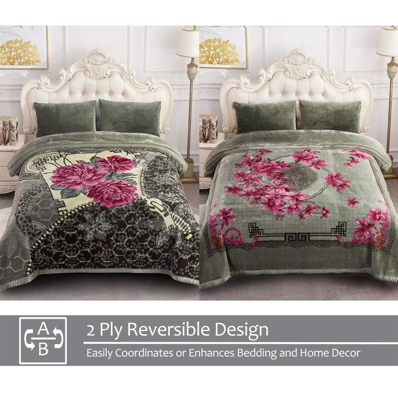 JML Fleece Blanket King Size, 87" x 94", 10.5 Pounds, Heavy Korean Style Raschel Blanket, Perfect for Fall Winter- Silky Soft, Thick, Warm, 2 Ply A&B Printed, Grey Red Floral - Image 3